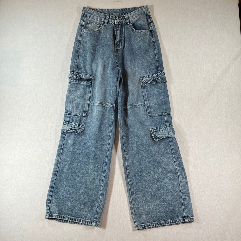SHEIN Barrel Jeans Women 26 Acid Wash Cargo Wide Leg High Rise Utility Y2K